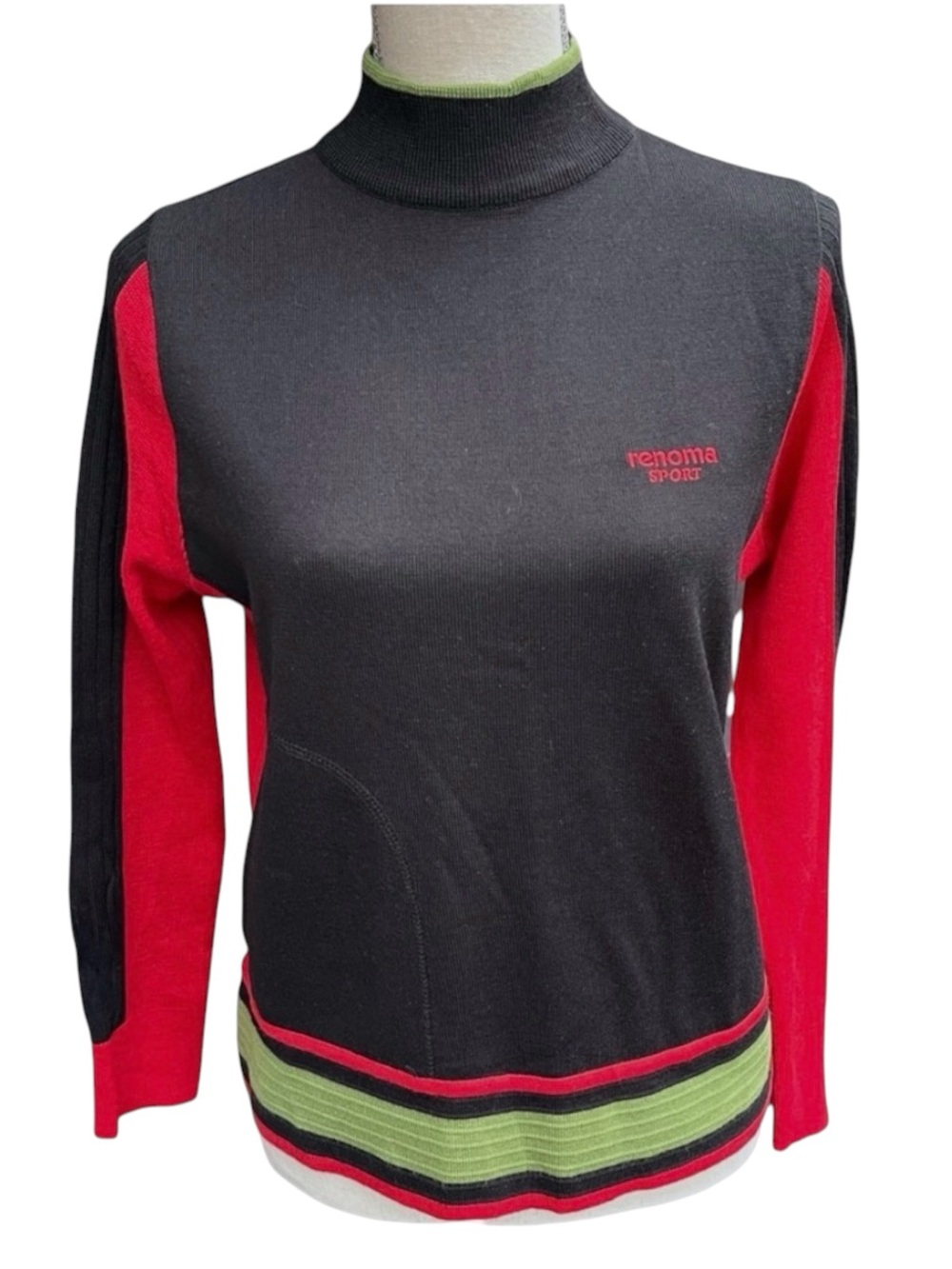 Renoma Sports Club Black/Red/Green Wool Racing Stripe Wool Mock Neck Sweater (M)